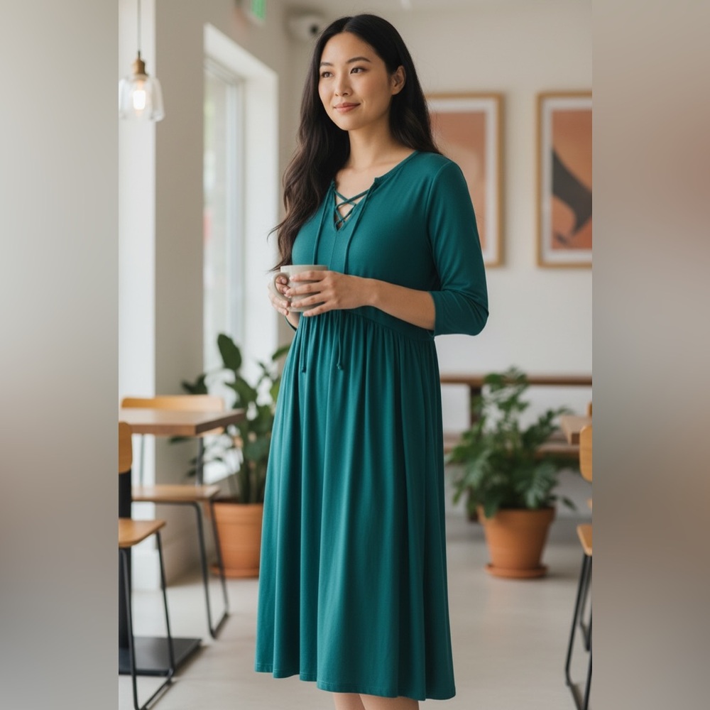 Treasure & Bond Lace Up Front Long Sleeve Midi Dress Green Large Flowy NWT